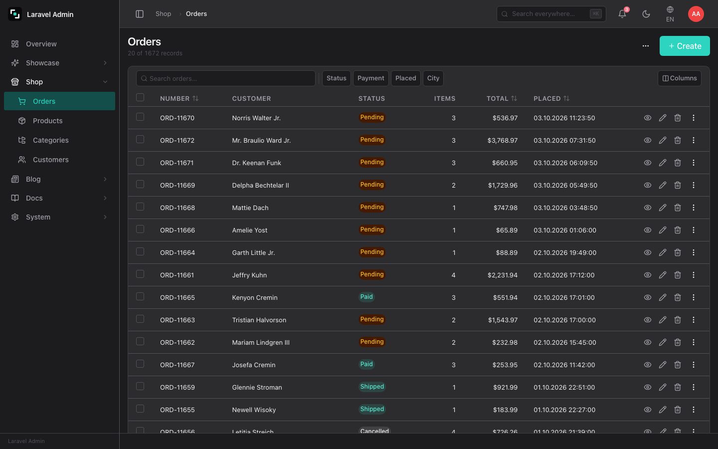 Orders: filters, badges, bulk actions and totals.