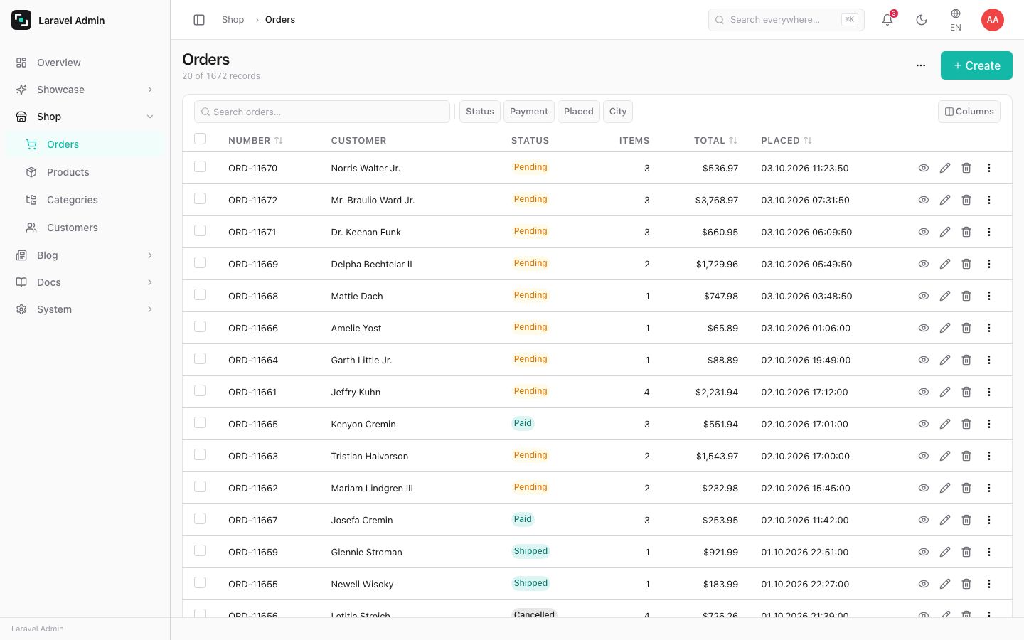 Orders: filters, badges, bulk actions and totals.