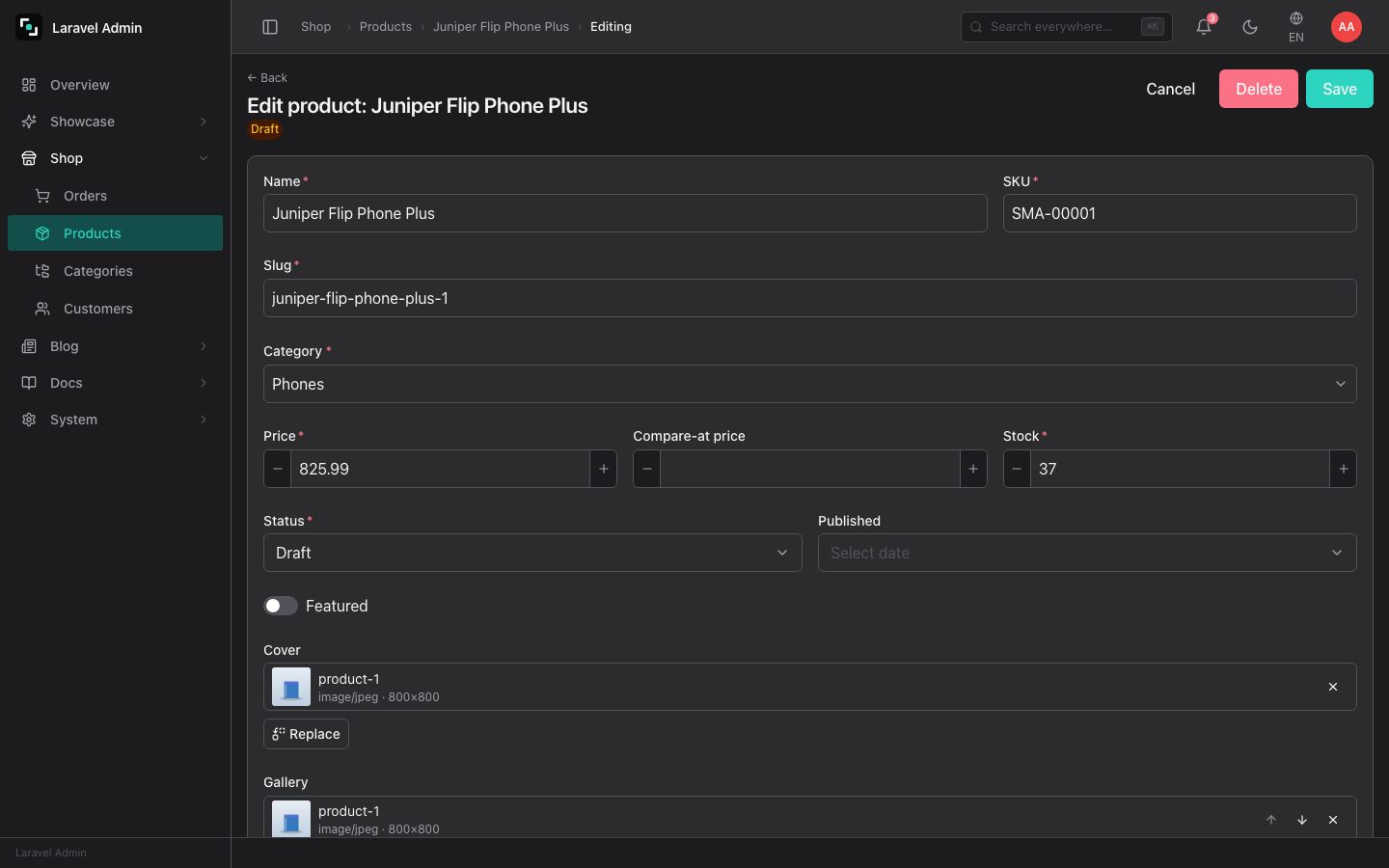 A product form with a media picker.