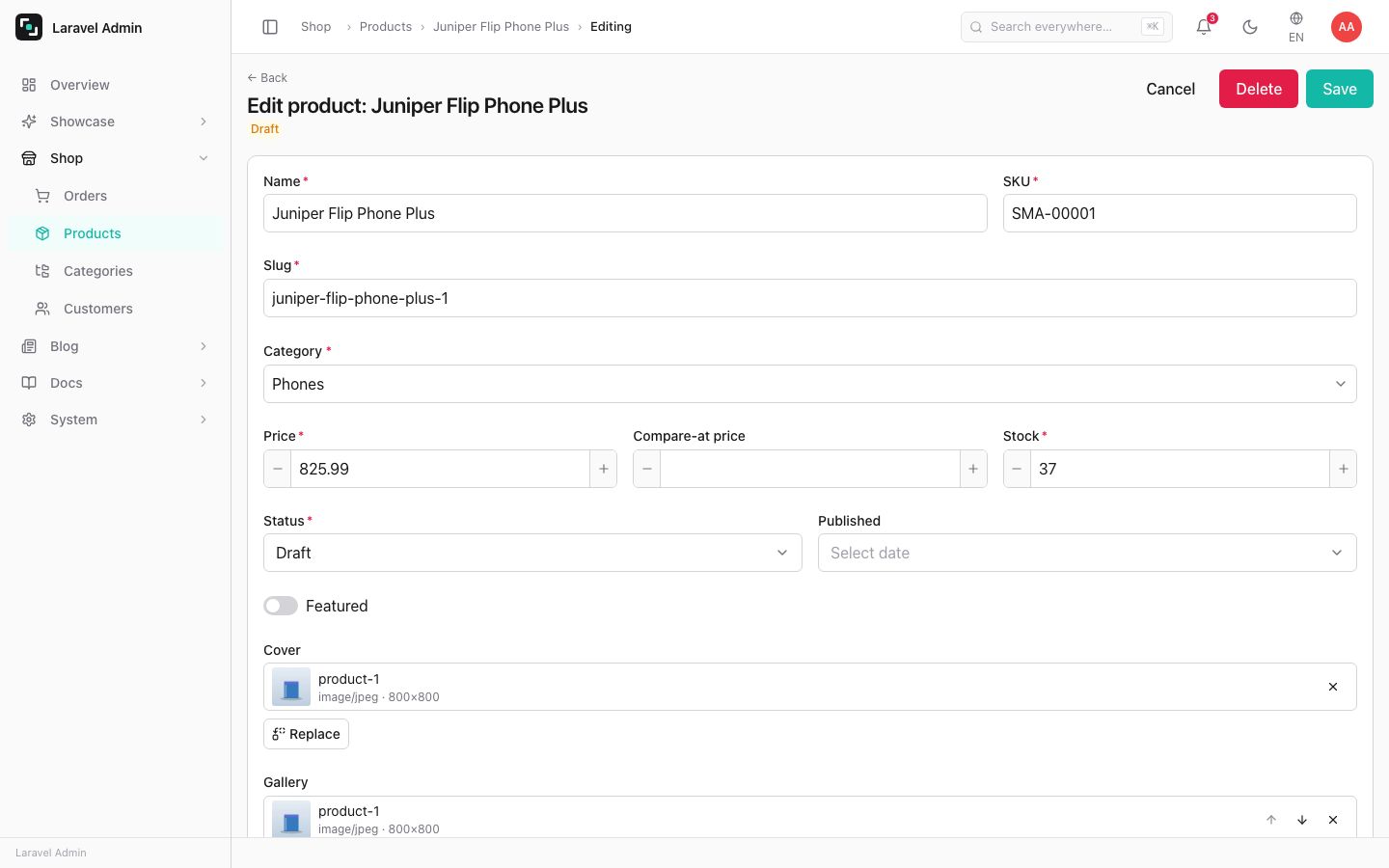 A product form with a media picker.