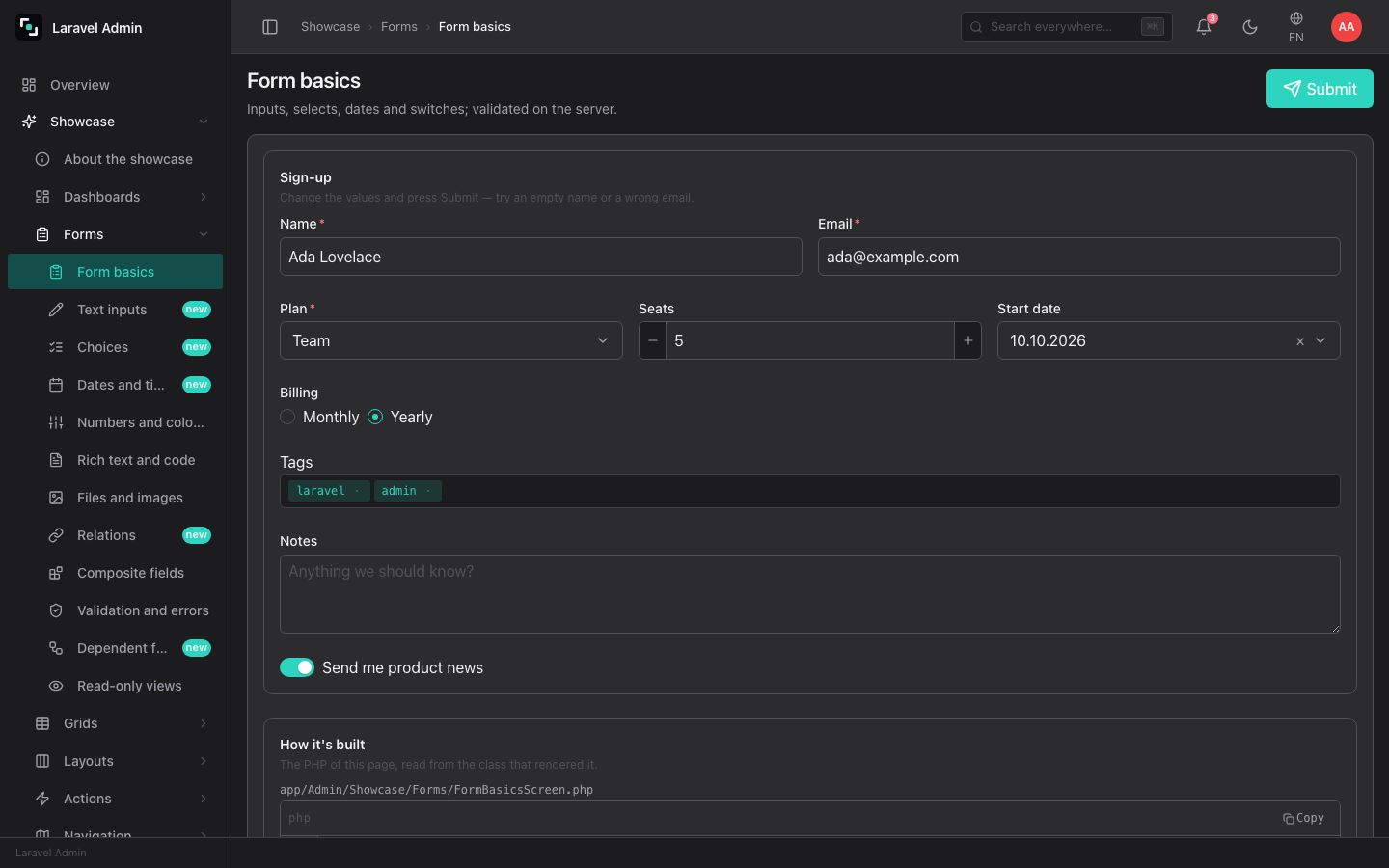 The showcase: a live example above, the PHP that built it below.