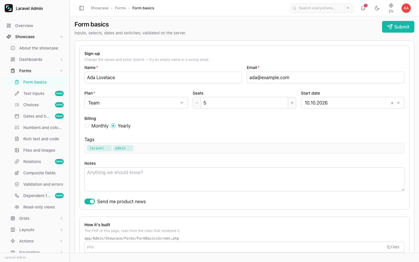 The showcase: a live example above, the PHP that built it below.